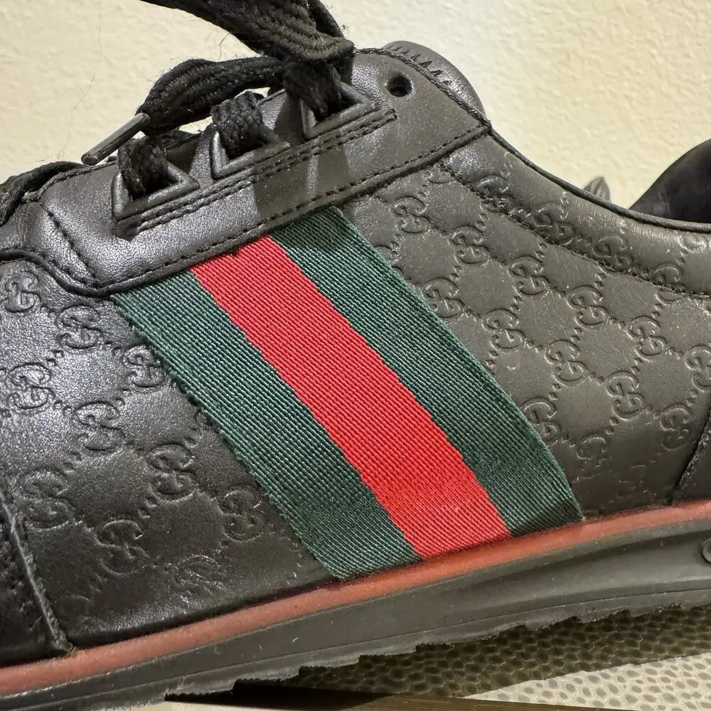 Gucci Shoes Micro Guccissima Black Leather Web Low Top Gucci Sneakers Sz 8 G
